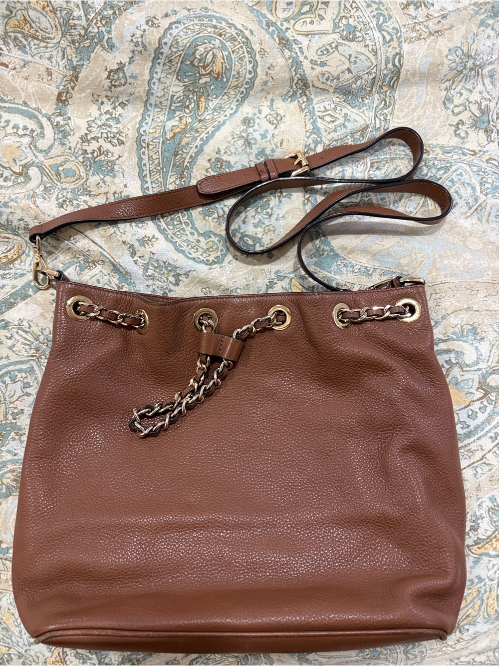 Michael Kors Fulton Slouchy Pebbled Leather Chain Shoulder Bag Tan